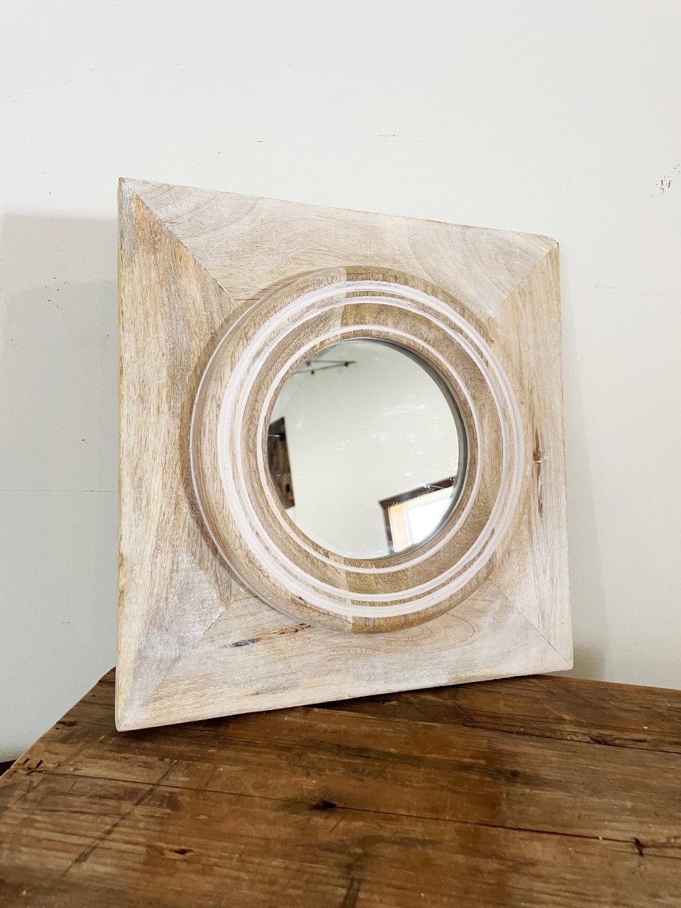Round Whitewashed Wooden Square Mirror | Olde Farm Creek